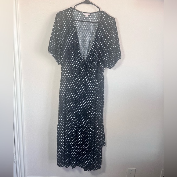 Knox Rose Black Polka Dot Wrap Midi Dress XL Boho Tiered Cottagecore - Picture 3 of 7